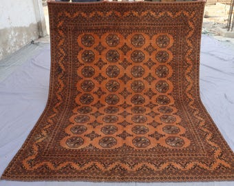 6x8 ft Vintage 1940s Rug, Large Afghan Hand knotted veg dyes Wool Tribal Rug, Oriental Area Rug, Turkmen Terracotta Rug for living room