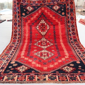 5x8 Vintage Rug, 5x7&#39;6 Red Antique Caucasian design Afghan Geometric Rug, Oriental Area rug, Handmade veg dyes Wool rug, Living room Rug