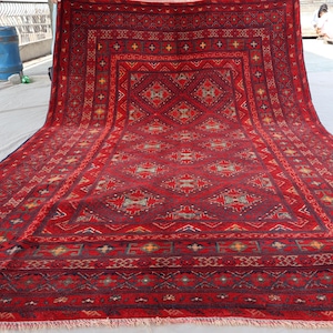Collectors Piece 6x10 ft Geometric Vintage Turkmen Bukhara Rug, Handmade Wool Antique Rug, Afghan Tribal Rug, Oriental Red Rug, Bedroom Rug