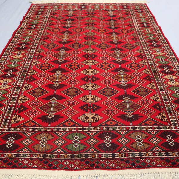4x6 Red Tribal Vintage Rug Handmade Wool Afghan Baluchi Rug, Antique Area Rug, Turkmen Oriental Rug, One of a kind Rug, Bedroom, Kitchen Rug