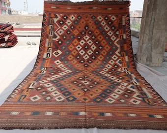 7x12 ft Antique Kilim Rug, Terracotta Vintage faded 1940s Afghan Handmade Kilim Wool Area Rug, Geometric Rugs for Living room - bedroom rug