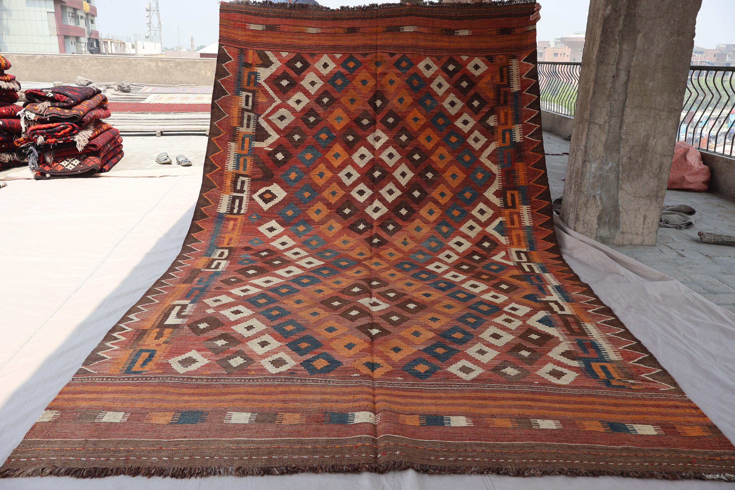 7 x 12フィートのアンティークキリムラグ、テラコッタヴィンテージ