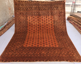 1940s Antique 7x10 ft Turkmen Bashiri Bukhara Rug, Terracotta Vintage faded Handmade Low Pile Wool Tribal Rug, Oriental Rug, Bedroom Carpet