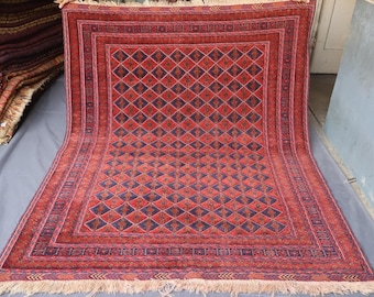 5x7 Terracotta Antique rug, 5'2x6'5 ft Afghan Mashwani Rug, Handmade Wool Oriental Rug, Geometric Tribal Faded Carpet, Living Room, Bedroom