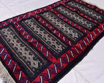 2'7x4'1 ft Vintage Afghan Berjesta Kilim Rug - Turkmen Handmade low & High Pile Wool Rug - Oriental Antique Tribal Rug - Kitchen Office Rug