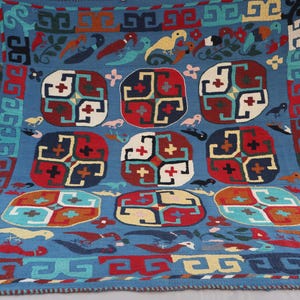 Birds 5&#39;5x5&#39;7 ft Blue Antique Uzbek Suzani Textile, Pictorial Fabric Embroidered Square Rug, Dining Table Covers, Hand Woven Flatweave Kilim