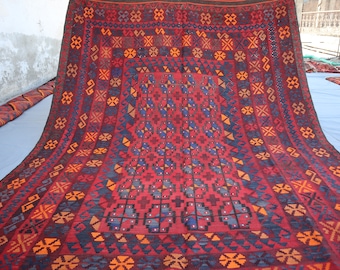 7x10 ft Red Kilim Rug, Flat Weave Rug, Handmade Afghan Vintage Wool Area Rug, Handwoven Tribal Antique Bukhara Rug, Boho Rug, Bedroom Carpet