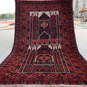 Red Afghan Vintage Rug 3&#39;5x6 ft Prayer design Tribal Rug, Handmade Wool Rug, Antique Oriental Rug, Caucasian Baluchi Rug, Turkmen Tribal Rug