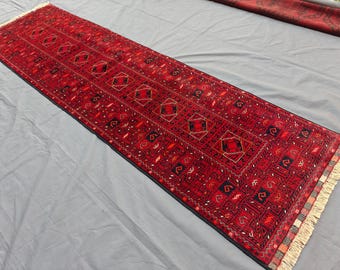 2'8x9'4 ft Bukhara Runner rug, Handmade Wool Rug, Red Vintage Runner Rug, Afghan Tribal Oriental Rug, Hallway Runner, Kitchen Runner 3x9