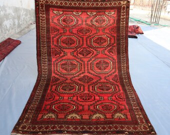 Vintage Rug, 4x6 ft Antique Turkmen Sarouk design Rug, Afghan Handmade Wool Area Rug, Tekke Bukhara Red Rug, Living Room Rug, Bedroom Carpet
