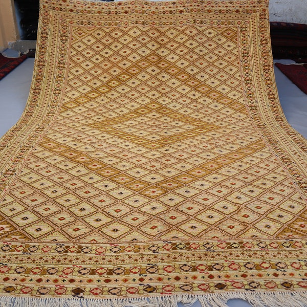 Yellow Antique Rug, 7x9 ft Vintage Muted Afghan Rug, Handmade Wool Area Rug, Mishwani Barjasta Rug, Tribal Bukhara Rug, Oriental Turkmen Rug