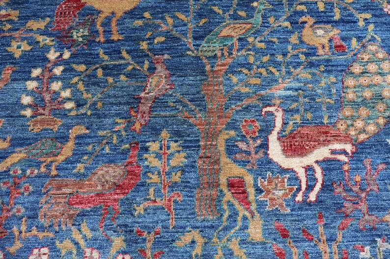 3x5 Blue Afghan Pictorial Rug Tree of Life Hand Knotted Veg Dye Wool