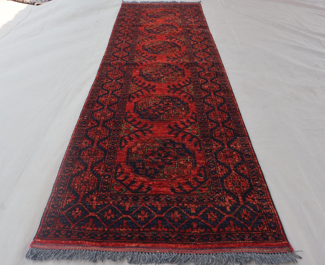 10 Ft Ersari Runner Rug, Red Turkmen Tribal Rug, Afghan Hand Knotted ...