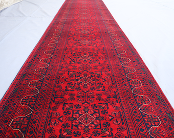 Rood 20 ft lang loper, Turkmeens bukharatapijt, Afghaans handgemaakt wollen tapijt, oosters tapijt Khal Mohammedi, loper gang, tapijt van 3 x 20 treden