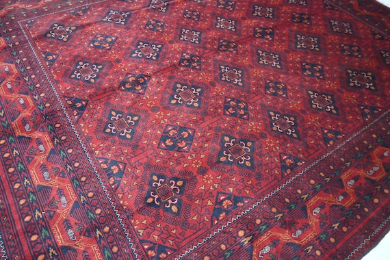 8x10 Large Vintage Rug, Turkmen Geometric Bukhara Rug, Afghan Hand