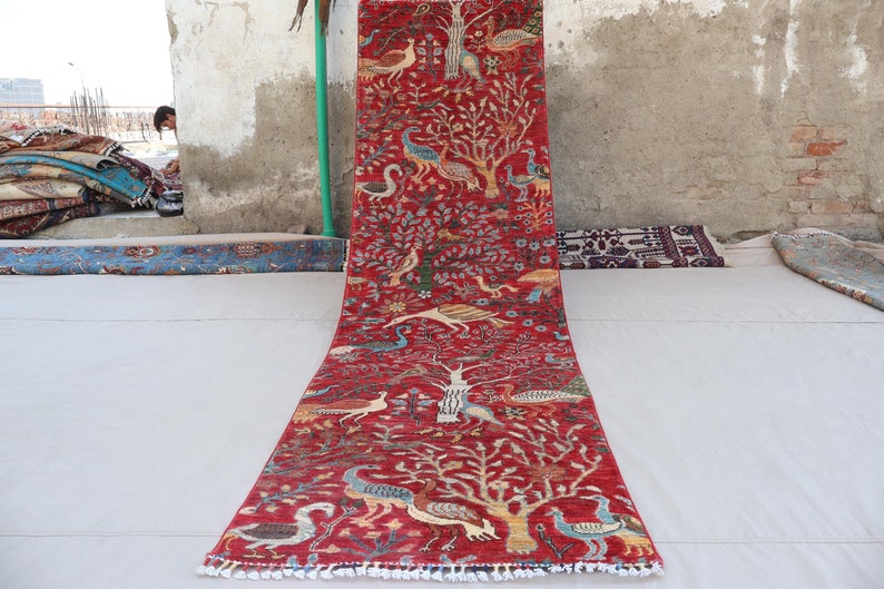 10 Ft Runner Rug Red Tree of Life Birds Afghan Hand Knotted Veg Dyes