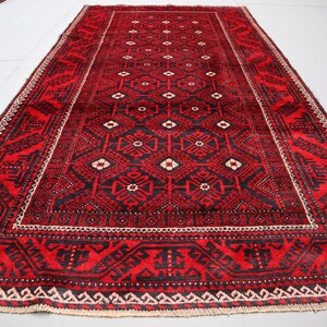 4&#39;9x9&#39;5 ft Antique Rug, Tribal Vintage Baluchi Rug, 5x9 Large Afghan Rug, Handmade Wool Rug, Black Red Turkmen Oriental Rug, Living room Rug