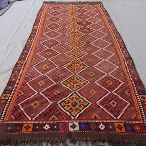 5x13 Runner Rug, Antique Kilim Red Orange Afghan Handmade Wool Geometric Rug, Flatweave Vintage Rug, Turkmen Tribal Rug Wide Entryway Runner