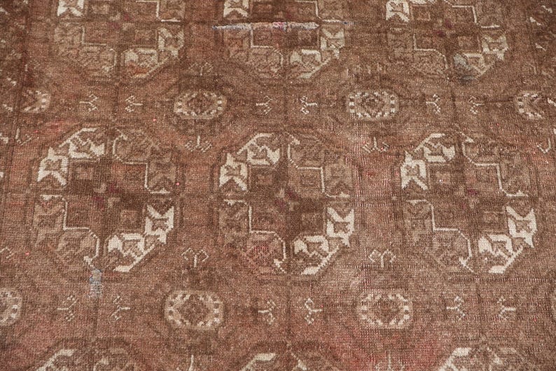 1920s Antique Brown Rug 4x7 ft Afghan Bukhara Rug, Low Pile Handmade Wool Rug, Oriental Faded Rug, Turkmen Tribal Area Rug for Living Room image 9