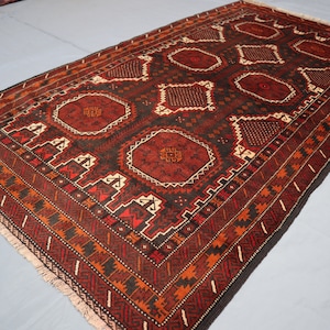Alfombra afgana vintage de 4 x 7 pies, alfombra tribal baluchi turcomana, alfombra geométrica de lana hecha a mano, alfombra antigua oriental de color granate, rojo y negro, alfombra para dormitorio