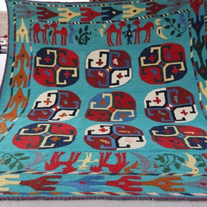 5x5&#39;9 ft Embroidery Area Rug, Turquoise Antique Uzbek Suzani Rug, Handmade Tapestry Pictorial, Oriental Vintage Carpet, Wall Hanging Rug