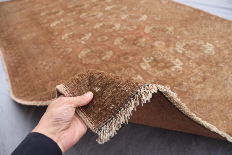 1920s Antique Brown Rug 4x7 ft Afghan Bukhara Rug, Low Pile Handmade Wool Rug, Oriental Faded Rug, Turkmen Tribal Area Rug for Living Room image 7