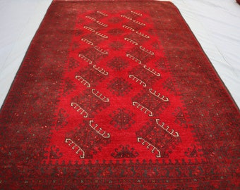 Turkmen Antique Rug, 4x6 ft Afghan Handmade veg dyes Wool Rug, Vintage Turkoman Yomut Tribal Rug, Oriental Bukhara Rug, Red Living Room Rug