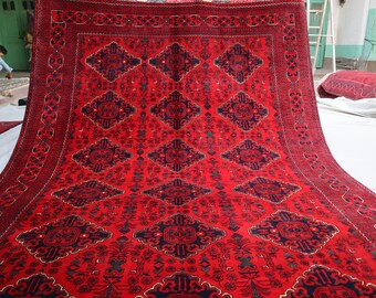 Groot tapijt, 9,7 x 6,7 voet, Afghaans handgemaakt tapijt, Turkmeens handgeknoopt wollen tapijt, oosters rood bukharatapijt, woonkamertapijt, 7 x 10 Afghaans tapijt