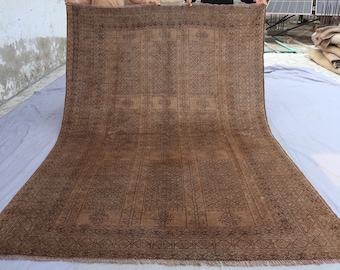 1940s Afghan Bukhara Rug 7x10: Terracotta Brown Ersari Turkmen Wool Rug