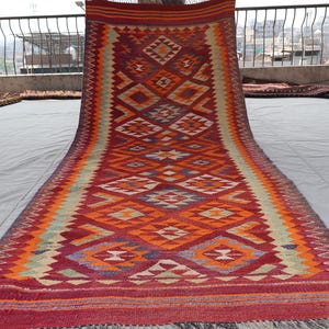 4x10&#39;6 ft Kilim Runner Rug Afghan Wide Runner Rug, Vintage Kilim Rug, Turkmen Flatweave Boho Rug, Geometric Oriental Rug, Hallway runner Rug