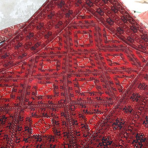 7x9 Vintage Turkmen Bukhara Rug, Afghan Handmade veg dyes wool Area Rug, Tribal Oriental Red Carpet, Antique Collectibles worn to Perfection
