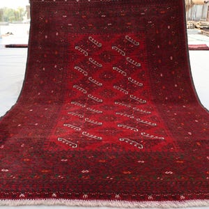 3&#39;7x5&#39;7 ft Vintage Area Rug, Red Afghan Handmade Wool Rug, Turkmen Caucasian Bukhara Rug, Rugs for Bedroom, Oriental Rug, Rugs for Kitchen