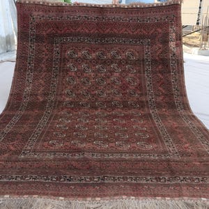 1920s Antique Rug 6x9 Terracotta Faded Afghan Tribal Bukhara Rug, Turkmen Handmade Wool Oriental Rug, Low Pile Distressed Rug, Bedroom Rug