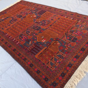 Collectors piece 3&#39;10x6&#39;5 ft Lions Afghan Handmade Soft Wool Animal Hunting Pictorial Rug, Bedroom Rug, Oriental Baluch Rug Kids Room Carpet
