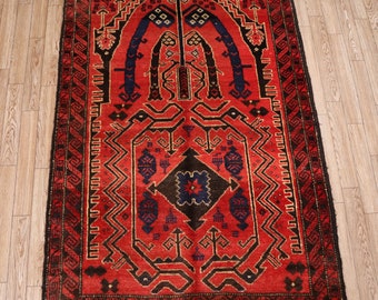 Afghan Vintage Prayer rug, 4'2 x 2'8 Ft, Hand-knotted Area rug, High Pile Soft Wool Carpet, 3x5 Oriental Antique rug, Vintage Red Afghan rug