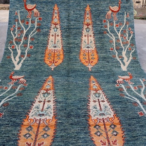 5x7 Pictorial Area Rug, Modern Tree of life Rug, One of Kind Rug, Natural dyes Hand Knotted Soft Wool Rug, Afghan Oriental Home decor Carpet