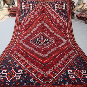 Collectors piece 4&#39;8x7&#39;7 ft Afghan Vintage Rug, Antique Caucasian Handmade veg dyes Wool Geometric Area Rug, Bedroom Rug, Oriental Red Rug