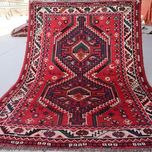 3&#39;7x5 Geometric Antique Rug, Red Tribal Caucasian Rug, Hand Knotted Rug, Low Pile Wool Rug, Afghan Pictorial Medallion Old Rug, Kitchen Rug