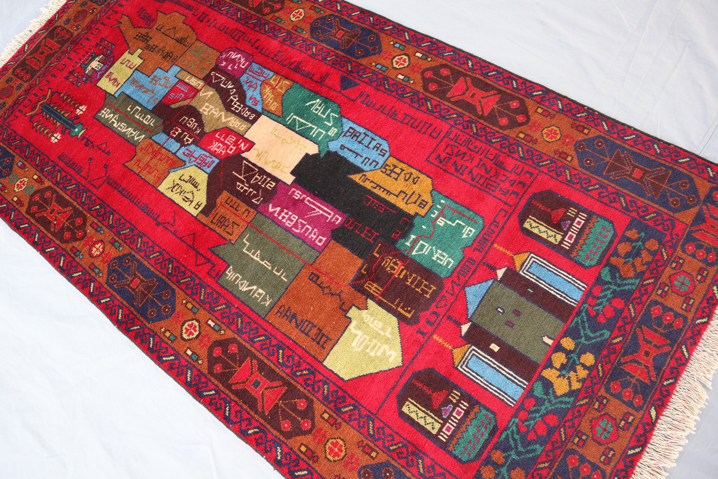 Map of Afghanistan Handmade Art Pictorial Rug 3'8x6'7 Ft Turkmen Tribal ...