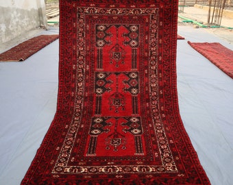 One of a Kind Rug, 3'4x5'9 ft Antique Rug, Vintage Rug, Handmade Afghan Rug, High Pile Soft Wool Rug, Oriental Turkmen Rug, Red Bedroom Rug
