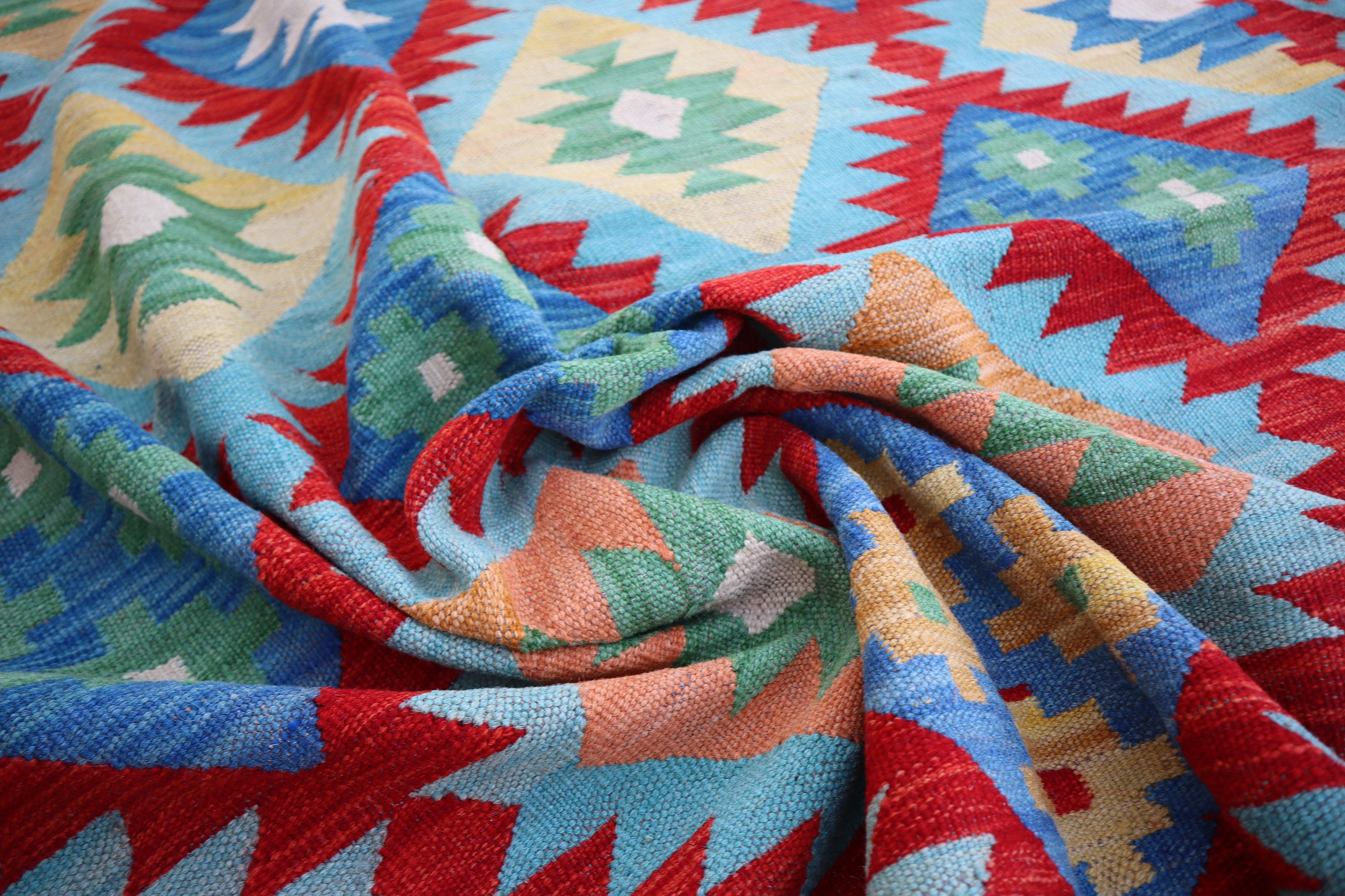 6x8 アフガニスタンキリムラグ、ソフトブルーレッドハンドメイドウール