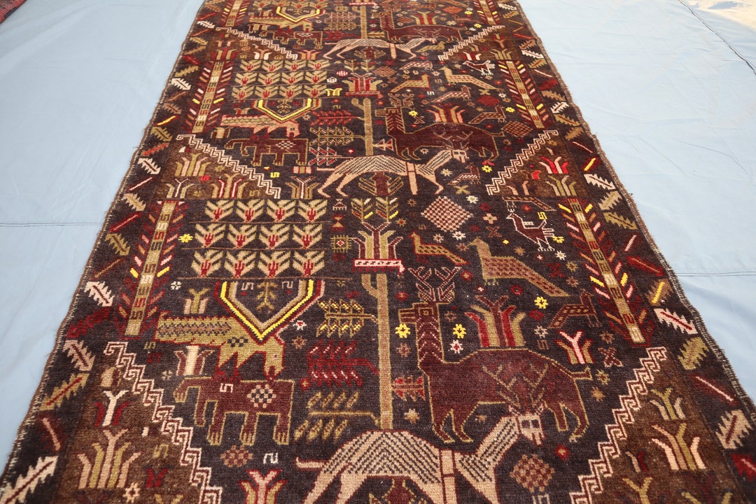 Brown 3'8x6'6 Ft Vintage Animal Hunting Rug, Handmade High Pile Wool ...