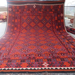 8x13 Oversized Vintage Rug, Afghan Handmade Kilim Rug, Veg dyes Wool Rug, Large Area Rug, Geometric Oriental Area Rug, Dining Table Carpet