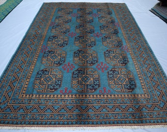 7x10 Blue Afghan Ersari rug, Turkmen Hand Knotted Organic dyes Wool Oriental rug, Tribal Bukhara Rug - Bedroom Carpet, Rugs for Living Room