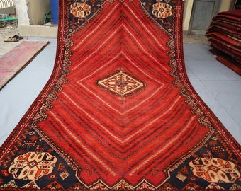 5'10x9'7 ft Vintage Red Area Rug, Antique Caucasian Old Style Hand Knotted veg dyes Wool Area Rug, Oriental Afghan Geometric Vintage Carpet