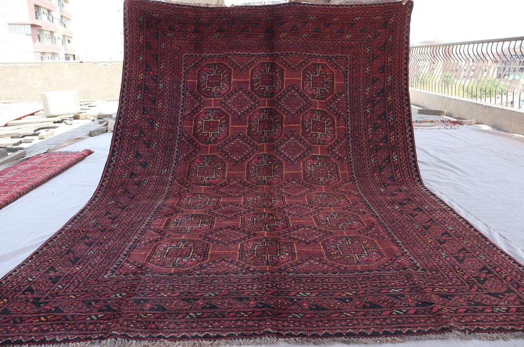 Antique 1940s Rug 6'5x9'4 Ft Dark Red Afghan Hand Knotted Rug, Wool Rug ...