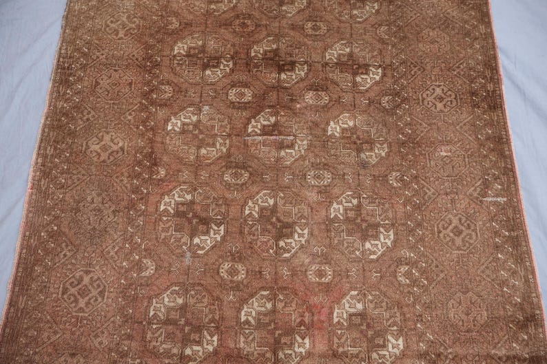 1920s Antique Brown Rug 4x7 ft Afghan Bukhara Rug, Low Pile Handmade Wool Rug, Oriental Faded Rug, Turkmen Tribal Area Rug for Living Room image 6