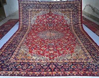 Antiker Kaukasischer Teppich 10x13 Rot Dunkelblau Geometrischer Kurzflor Vintage Wollteppich, Afghanischer Orientteppich, Esstisch Teppich, Wohnzimmer Teppich