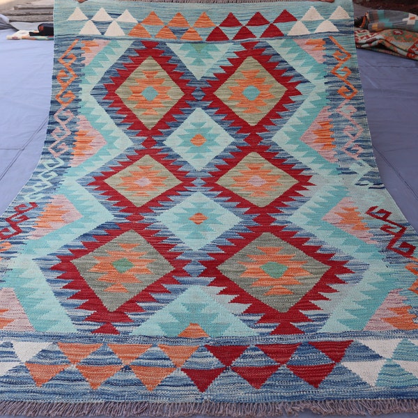 4x6 Afghan Kilim Rug, Natural Vegetable dyes Turquoise Faded Blue Red Beige, Handmade Wool Area Rug, Flatweave Geometric Rug, Bedroom Rug