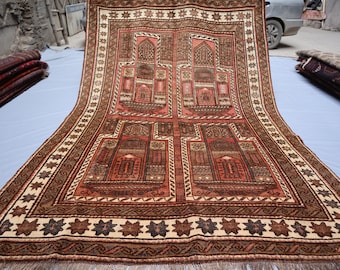 6x9 ft Vintage 1960s Baluchi Area Rug, Afghan Handmade Natural dyes Wool Rug, Turkmen Tribal distressed faded Antique Rug, Living Room Rug